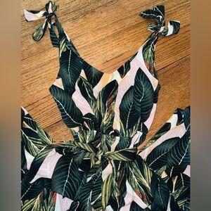 Belongsci Tropical Leaf Print Romper Vacation Jumpsuit Beach